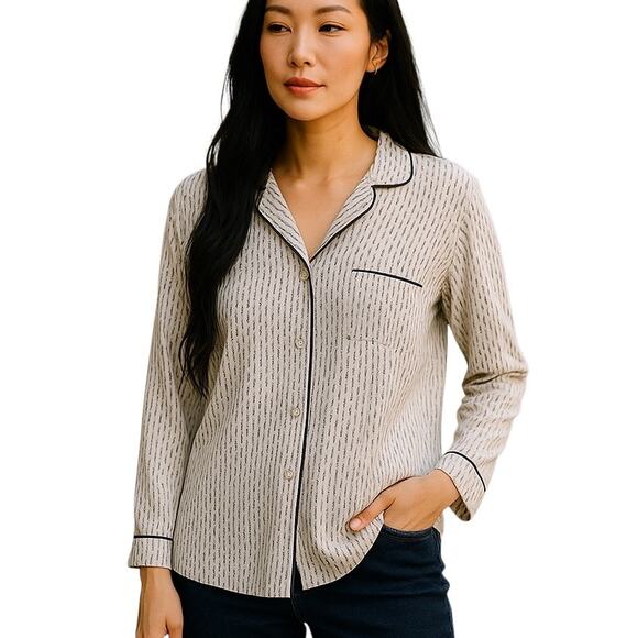 Eberjey White Long Sleeve Brown Patterned Pajama Top - Picture 1 of 9